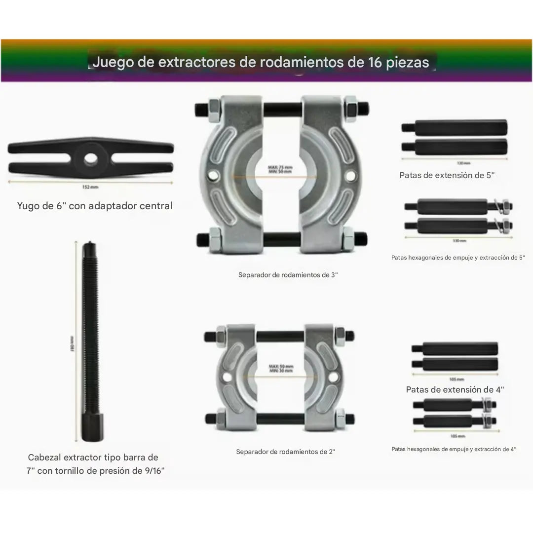 PowerExtract - Extractor de engranajes y separador de rodamientos de 16 piezas