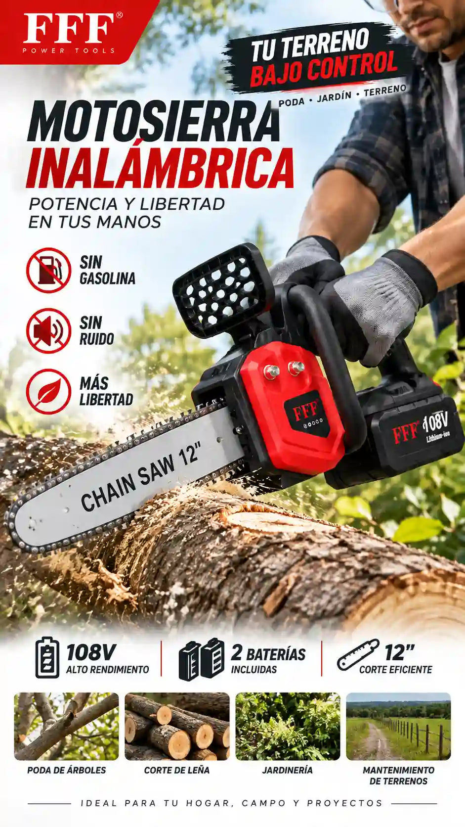 MOTOSIERRA INALÁMBRICA 12" - 108V - DOBLE BATERIA